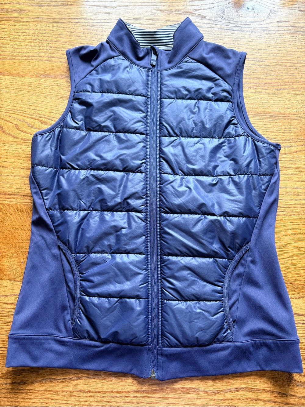 Southern Tide Womens Small Navy Blue Quilted Full Zip Hybrid Vest Striped Collar
